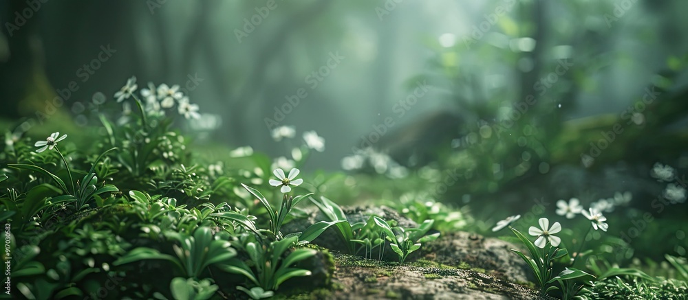 Aufkleber Close up of amusing tiny wildflowers in a forest setting with a copy space image