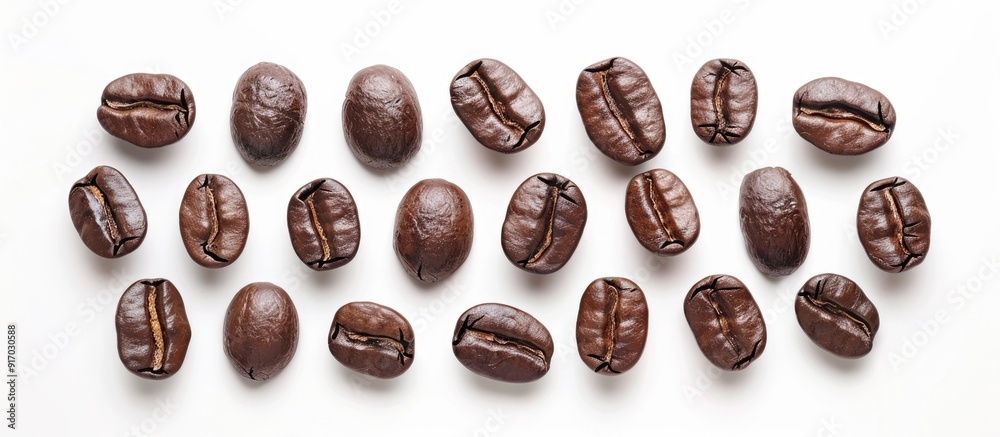 Poster A collection of fragrant roasted coffee beans set against a white background perfect for a copy space image