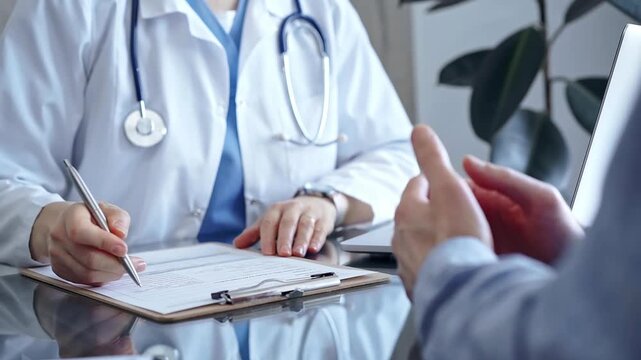 Doctor and patient discussing health concerns in medical office. Physician making notes on a clipboard. Medicine and Health care