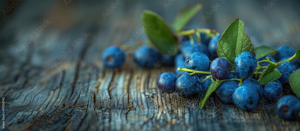 Poster Close up macro shot of bilberries Vaccinium corymbosum on a rustic wooden table with a blurred background providing ample copy space image