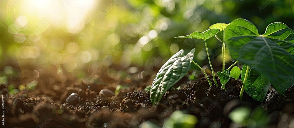 Poster planting a bean in a botanical garden with copy space image