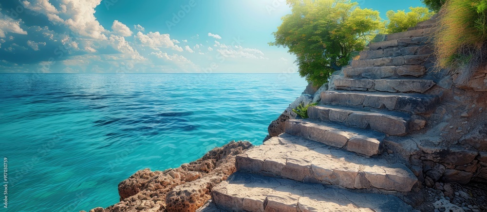 Poster stone steps meandering towards a picturesque turquoise mediterranean sea with a breathtaking view pr