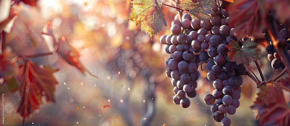 Poster autumn s harvest in a vineyard with a large bunch of ripe grapes on the vine creating a fruit concep
