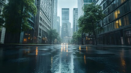 Obraz premium Rainy city street, modern skyscrapers, glass buildings, heavy downpour, water puddles, reflections, wet asphalt, tree-lined avenue, urban landscape, stormy weather.