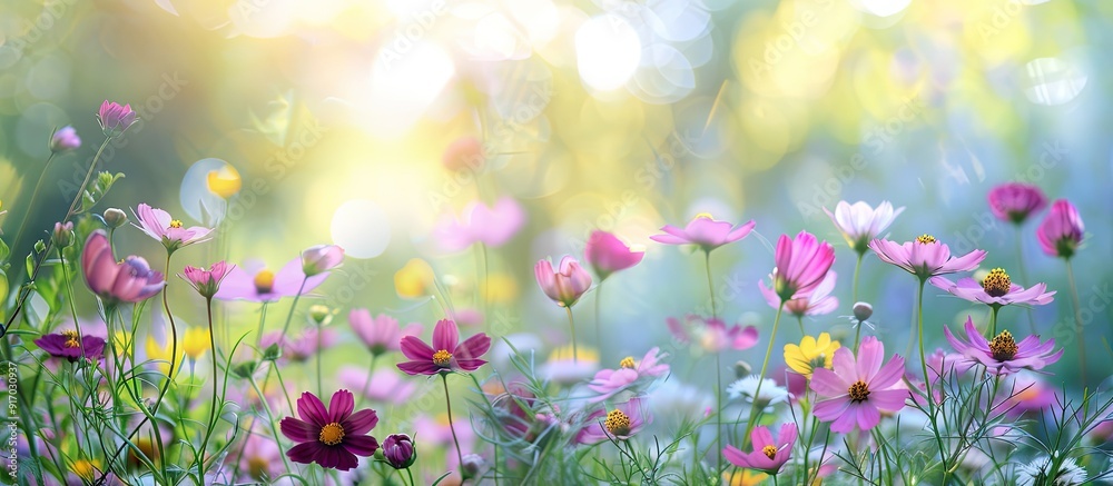 Poster charming small flowers in the garden during summer with a backdrop of copy space image