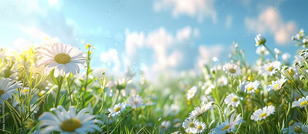 Poster Scenic summer meadow with various wild daisies under a blue sky creating a magical nature background in a frame with soft selective focus ideal for a copy space image