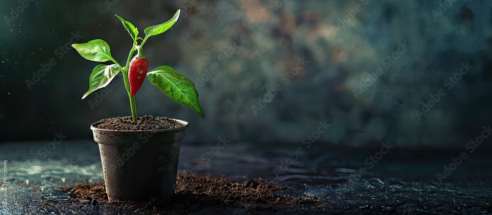 Poster Planting a chilli seedling in a pot with ample copy space image available for creative content