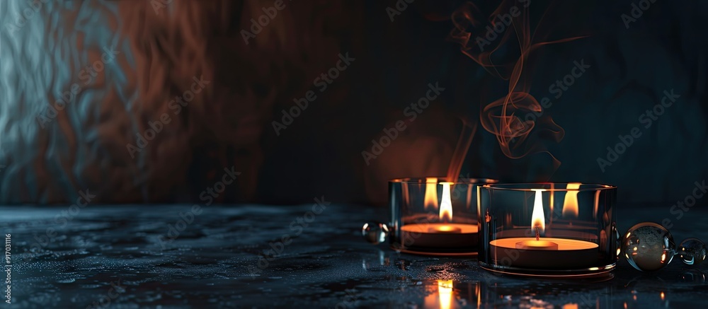 Poster a dark backdrop enhances the abstract photo showcasing burning candles on decorative glass with ampl