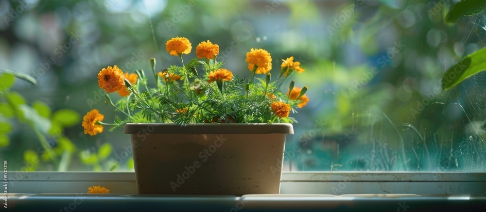 Poster Marigold seedlings blooming in a box on the windowsill with a blank space for an image. . image with copy space