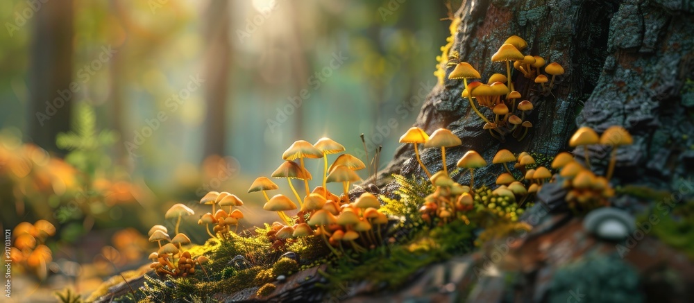 Poster Tiny mushrooms flourishing on an aged tree trunk creating a picturesque scene in a forest setting with copy space image