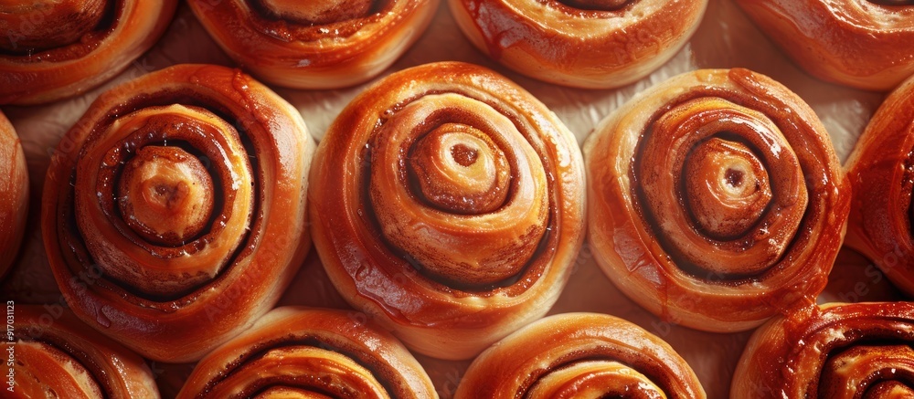 Poster freshly baked cinnamon rolls with a golden brown hue arranged on a baking sheet with copy space imag