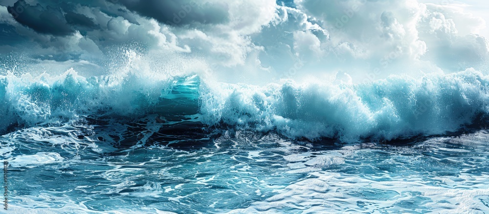 Poster panoramic format of stormy blue sea with breaking wave copy space image