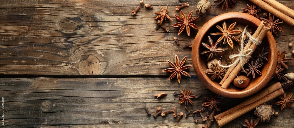 Poster A stew recipe featuring star anise and cinnamon with a copy space image set on a wooden background