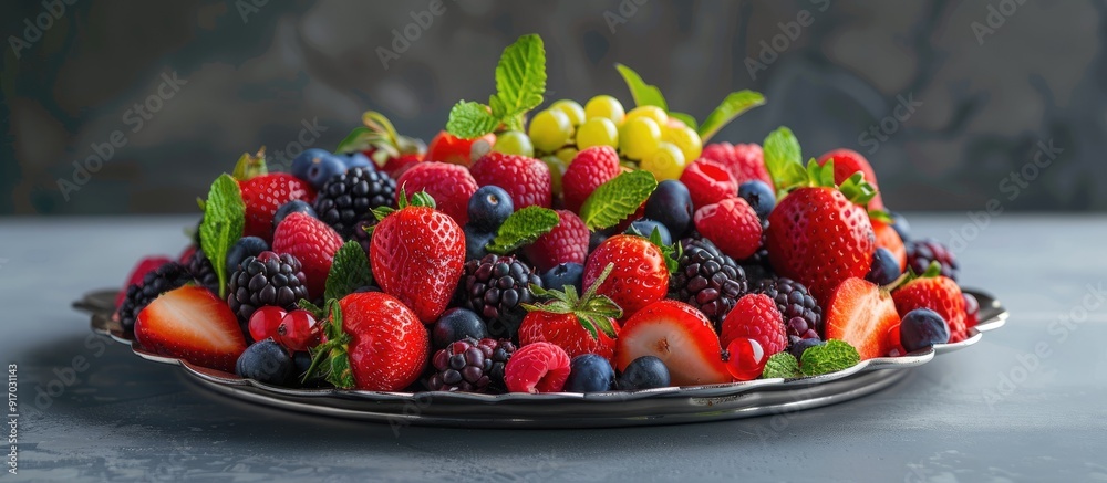Poster An array of vibrant berries arranged on a platter for a party with copy space image
