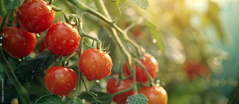 Aufkleber tomato crop on a lush ripe branch with a vibrant red color perfect for copy space image