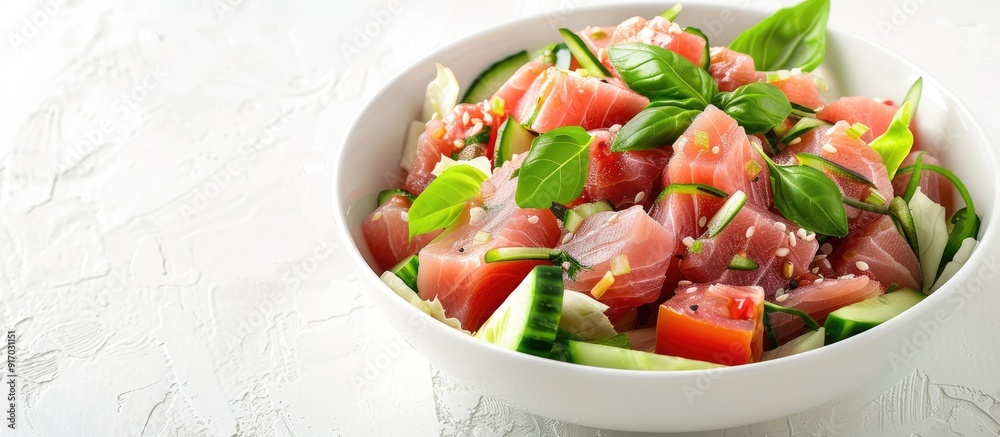 Poster tuna salad with a white background for copy space image