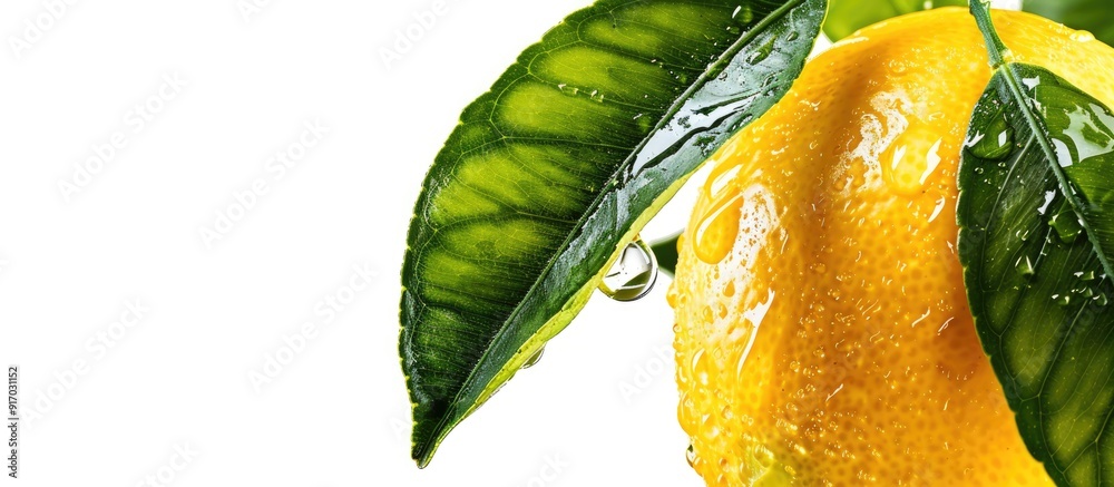 Aufkleber Close up studio photo of a lemon with leaves isolated on a white background with a clipping path for a copy space image