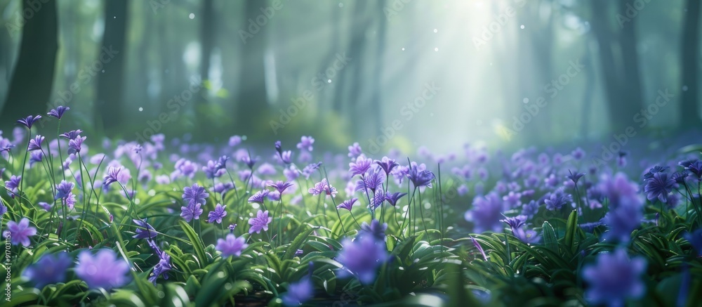 Poster Soft purple flowers of the sleep grass in a spring forest create a charming scene with copy space image