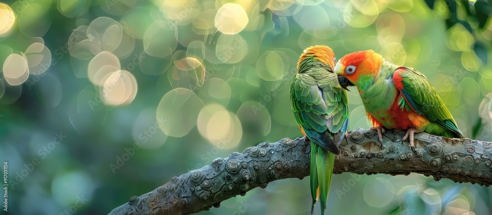 Poster Scaly headed parrot birds create a lovely pair perched on a tree with a beautiful natural background ideal for a copy space image