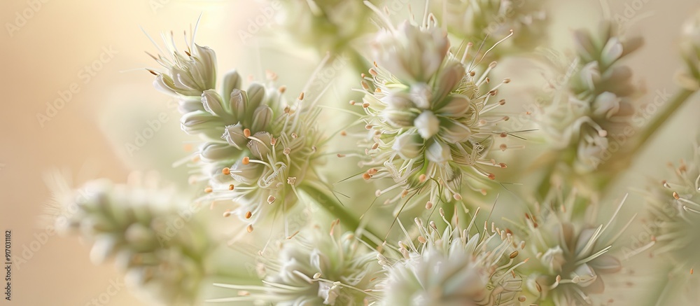 Poster A Ribwort flower head in close up with a plain background for copy space image