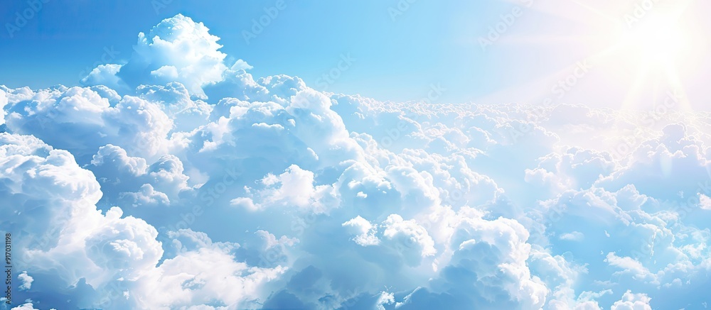 Poster a beautiful nature scene with white clouds against a bright blue sky set with copy space image
