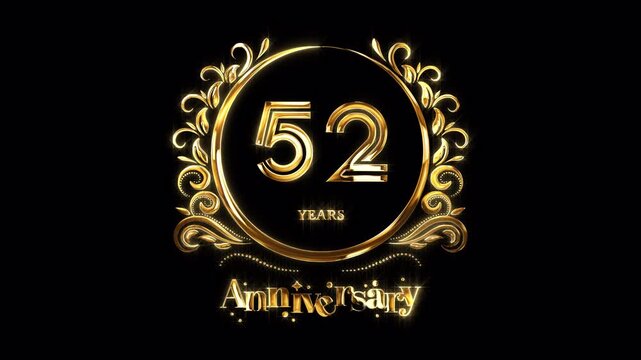 52nd Anniversary Celebration. Happy 52 Years Anniversary Animation in Gold Color on the Transparent Background, Alpha Channel. Great for greetings, celebrations, events, and gifts.