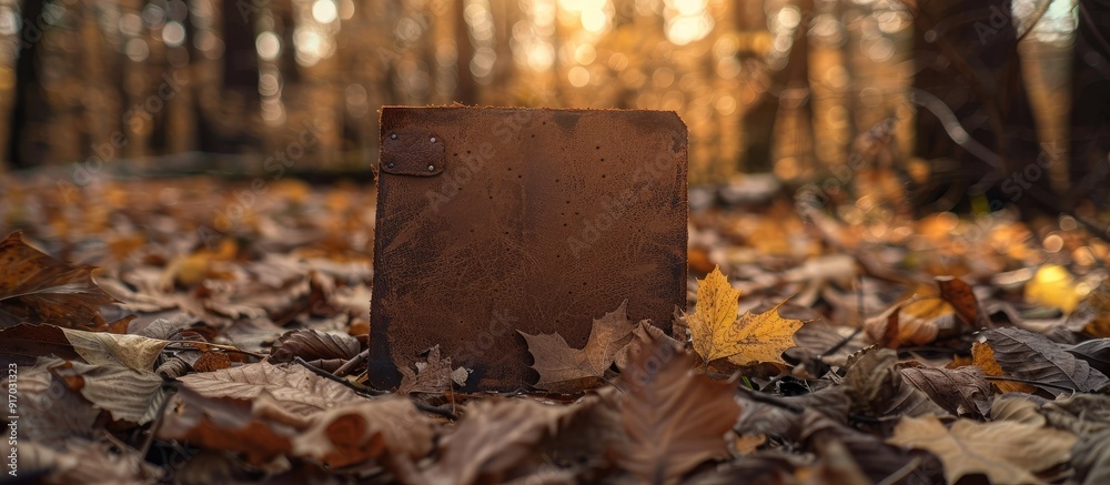 Aufkleber Autumn scene with aged leather patch in forest with copy space image