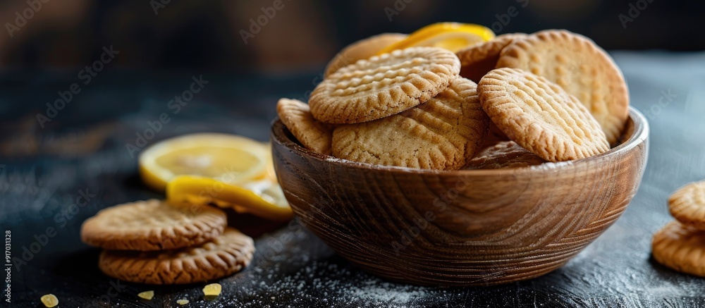 Poster close up of delicious homemade lemon gingerbread cookies in a wooden bowl on a dark culinary backdro
