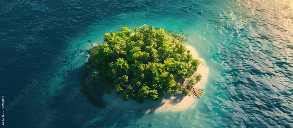 Poster aerial photo of a small white sandy island surrounded by a deep blue sea and lush green trees captur