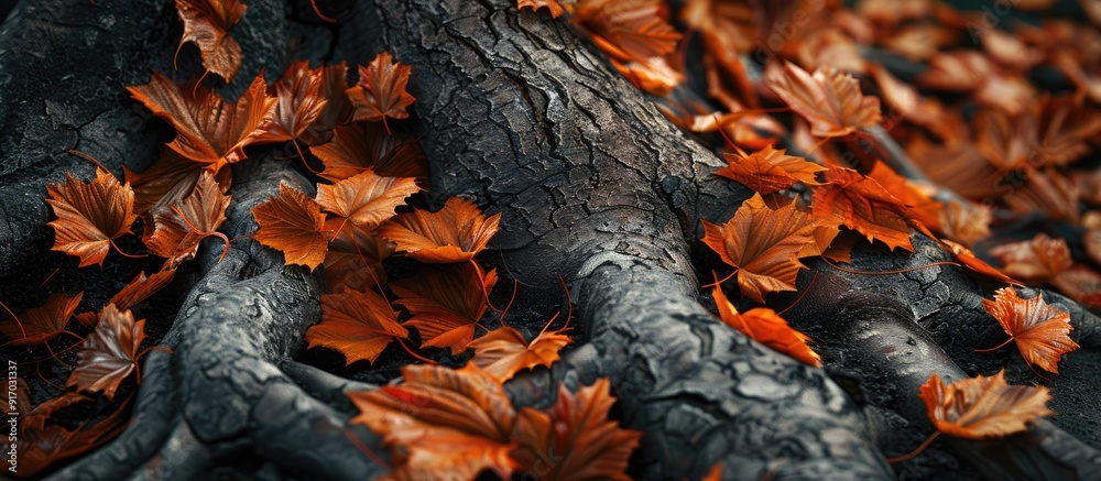Aufkleber Autumn leaves resting on a tree root creating a serene copy space image
