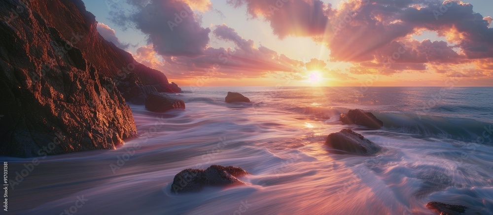 Poster rocky coast during sunset captured in a long exposure shot with a copy space image available