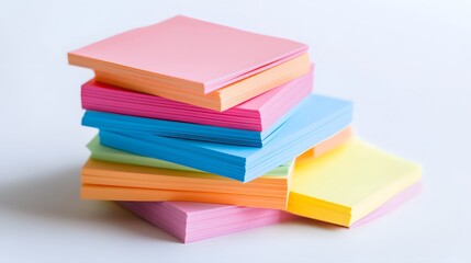 Stack of colorful sticky notes on pure white background, vibrant pastel colors, pink, blue, yellow, orange, green, neatly arranged, slightly askew pile, office supplies, stationery.