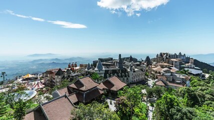 Time lapse Aerial view of landscape of the castles at the top of Bana Hills, the famous tourist destination of Da Nang, Vietnam.