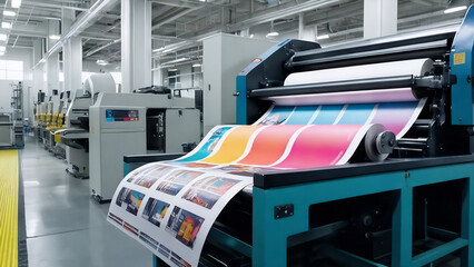 printing press equipment with newspaper web emerging, background filled with machines on factory floor