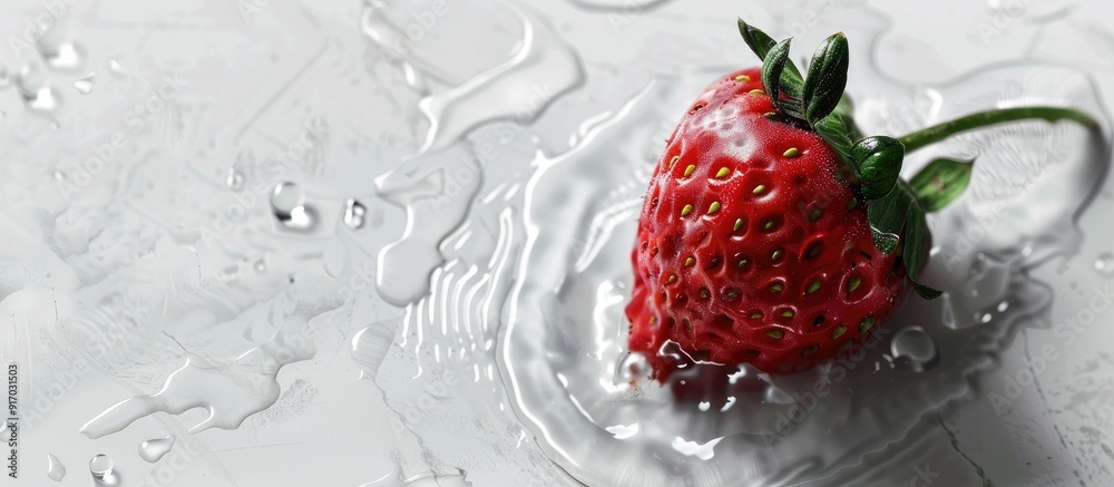 Poster Strawberry displayed with a copy space image on a white background with water around it
