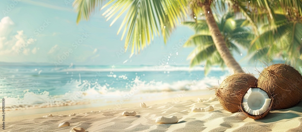 Poster beach landscape with coconut and palm trees ideal for a copy space image