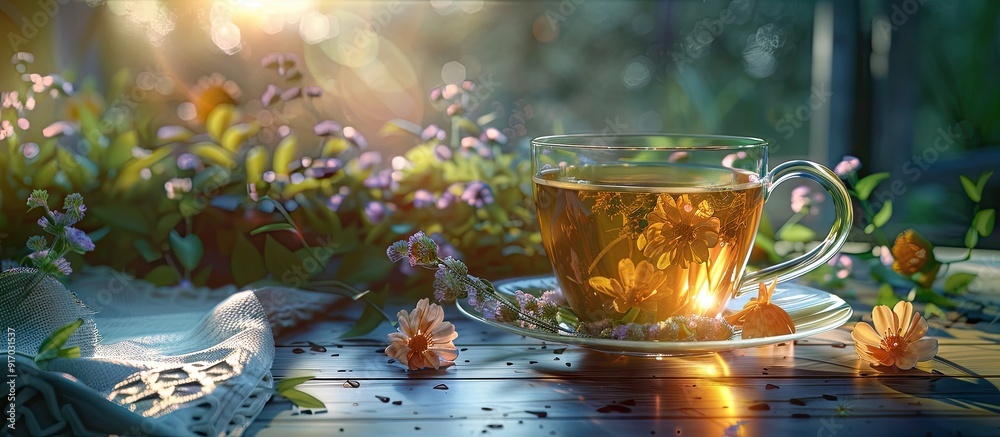 Poster a glass cup with herbal tea and tutsan flowers creates a serene setting on the table with copy space