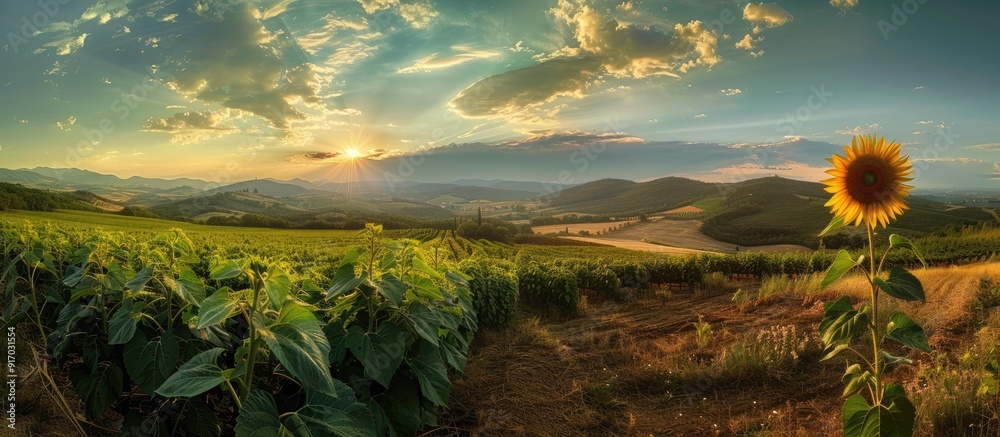 Poster a sunflower in bloom against the backdrop of the piedmont countryside with ample copy space image