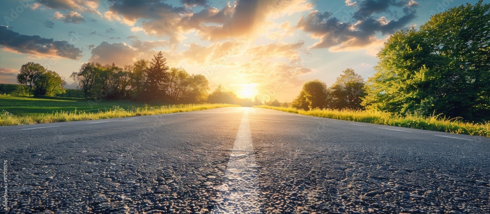 Poster scenic sunny spring evening countryside landscape with an open asphalt road and beautiful nature sur