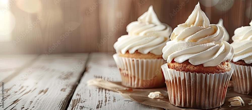 Poster Cupcakes made at home displayed on a wooden table with a backdrop of clear space for other elements like text or graphics in the image. . image with copy space