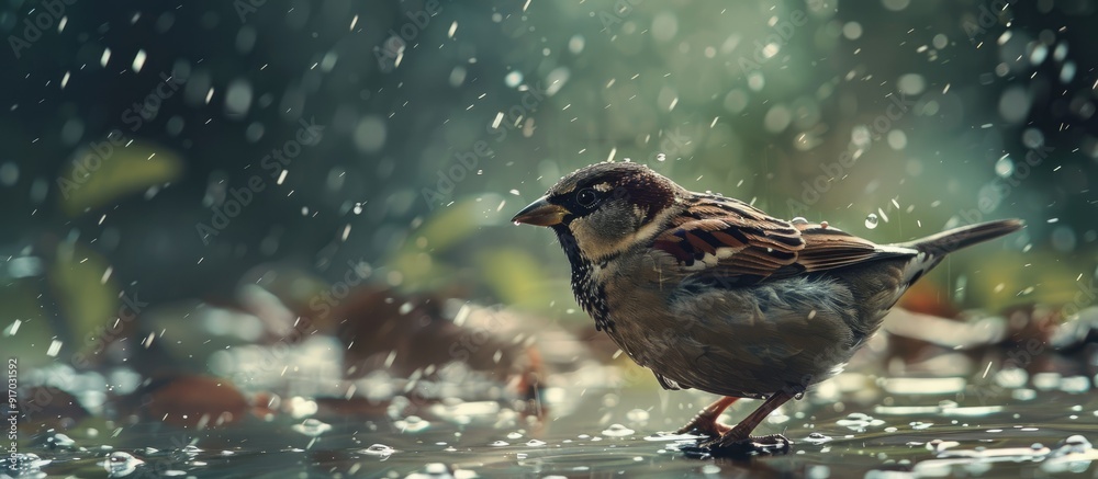 Poster A charming sparrow frolicking in a rain drenched setting ideal for a copy space image
