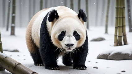 Panda in a snow-covered bamboo forest