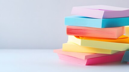 Stack of colorful sticky notes on pure white background, vibrant pastel colors, pink, blue, yellow, orange, green, neatly arranged, slightly askew pile, office supplies, stationery.