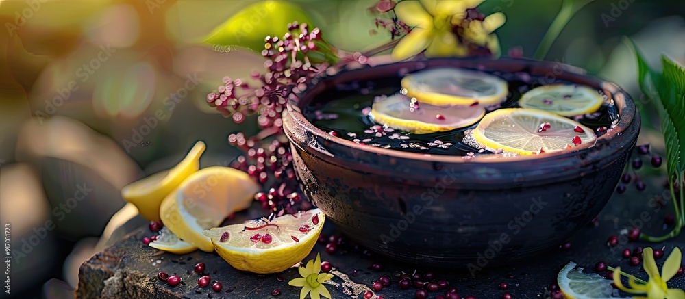 Poster Preparing syrup using elderberry petals and lemon slices in a pot displayed with a beautiful background for a copy space image