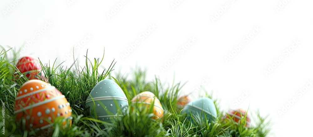 Poster easter themed greeting card featuring colorful eggs and fresh green grass set against a white backdr