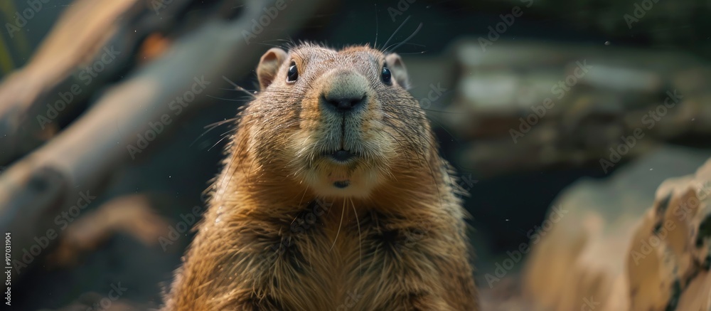 Poster European souslik or gopher amusingly close up staring at the camera with copy space image