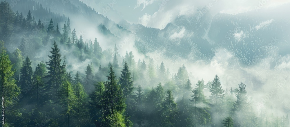Poster Scenic view of mist covered pine forest on mountain slope in a nature reserve with copy space image