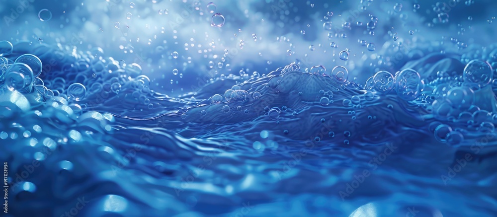 Aufkleber Bubbles and waves create a serene underwater scene with a blue hue featuring a deep sea with copy space image