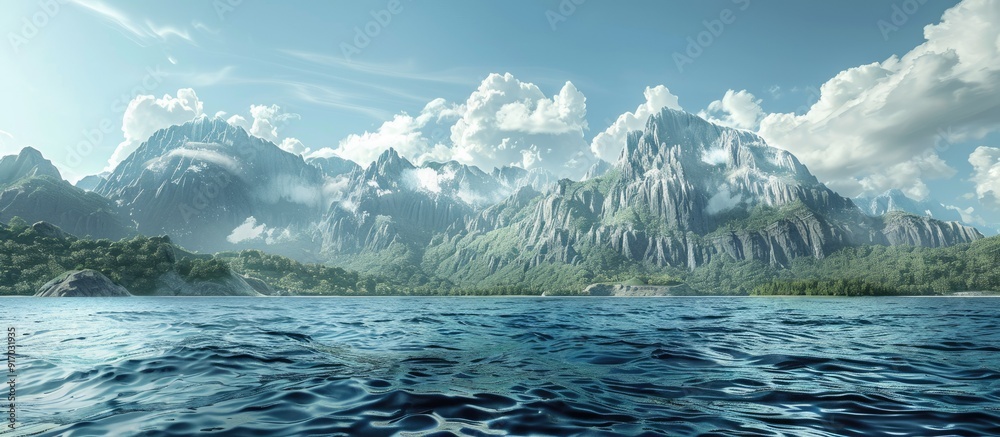Poster scenic coastal mountain view from the sea with copy space image