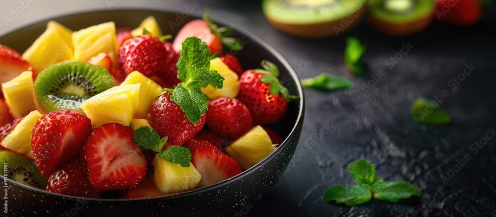 Aufkleber delicious fruit salad comprising strawberry pineapple kiwi ananas and mint in a bowl with copy space